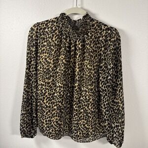 J Crew Pullover Blouse Women's Med Leopard Print Elastic Collar Lined P1
